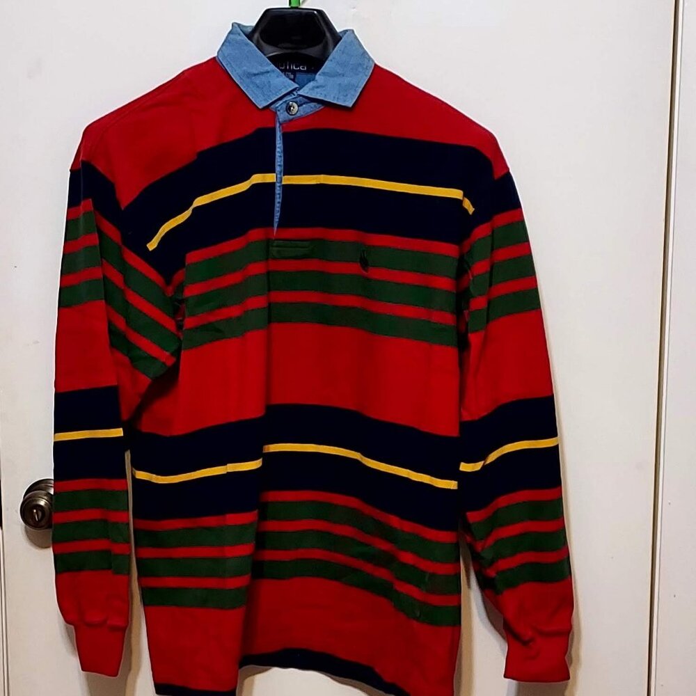 Nautica Mens Stripe Multi Color Pullover Polo  Long Sleeve Sz M Collared Logo's